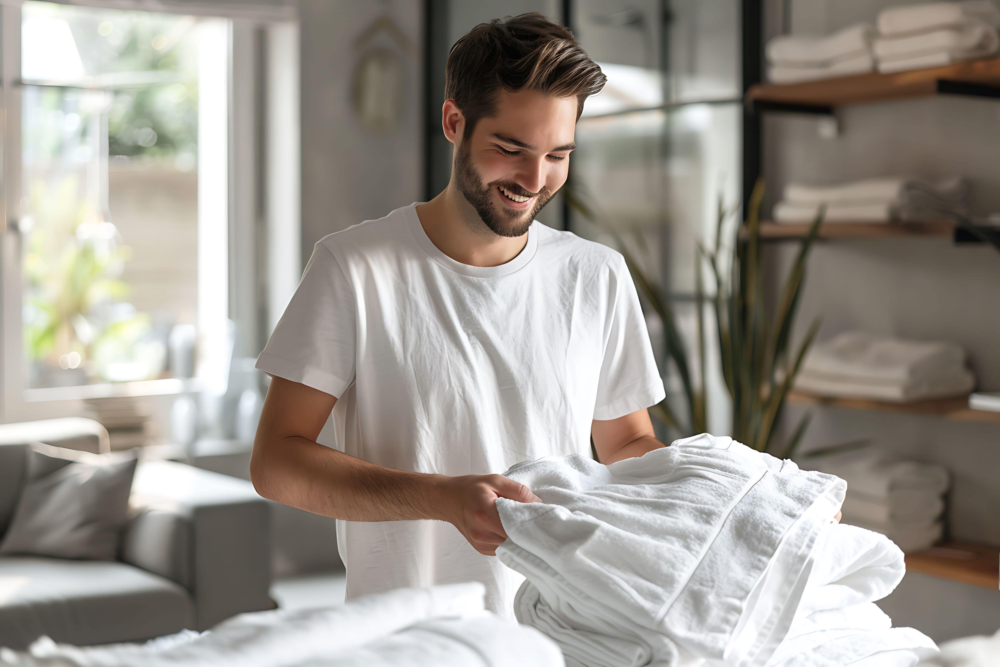 Man inspecting a washed white shirt on a drying rack, Highlighting the difficulty of DIY White Laundry Care