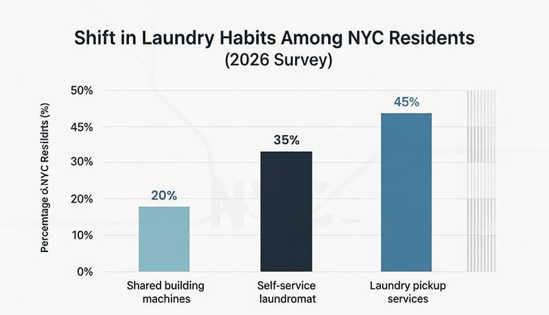 A bar chart titled 'Shift in Laundry Habits Among NYC Residents (2026 Survey)' showing that 45% of residents use laundry pickup services, 35% use self-service laundromats, and 20% use shared building machines.