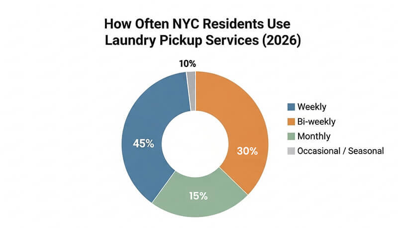 A donut chart titled 'How Often NYC Residents Use Laundry Pickup Services (2026)' showing that 45% of users utilize the service weekly, 30% bi-weekly, 15% monthly, and 10% occasionally or seasonally.