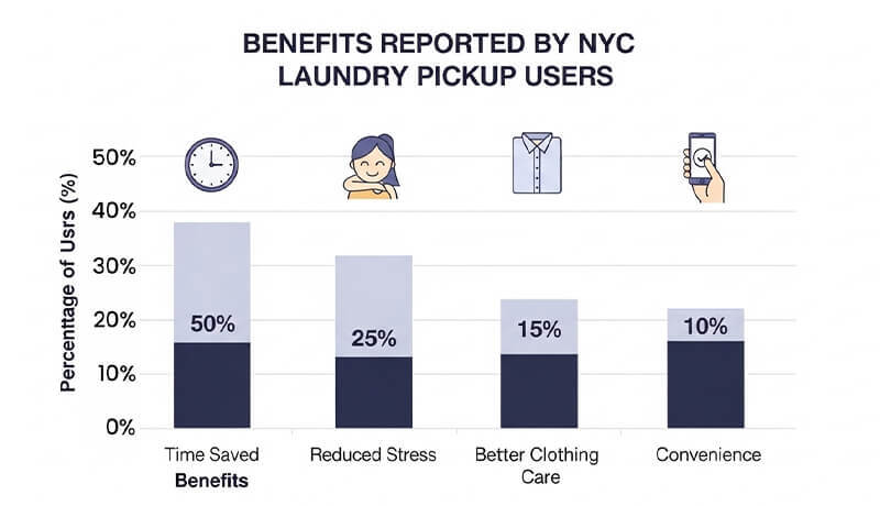 A bar chart titled 'Benefits Reported by NYC Laundry Pickup Users' showing that 50% of users value time saved, 25% report reduced stress, 15% appreciate better clothing care, and 10% prioritize convenience.