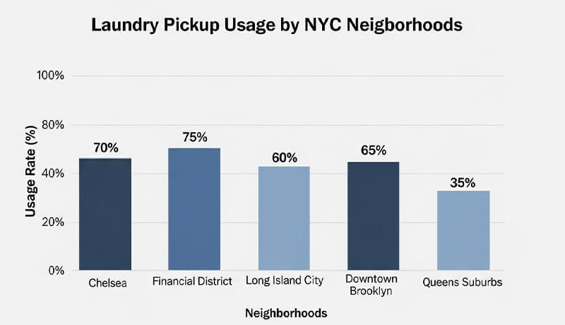 A bar chart titled 'Laundry Pickup Usage by NYC Neighborhoods' showing usage rates of 75% in the Financial District, 70% in Chelsea, 65% in Downtown Brooklyn, 60% in Long Island City, and 35% in Queens Suburbs.