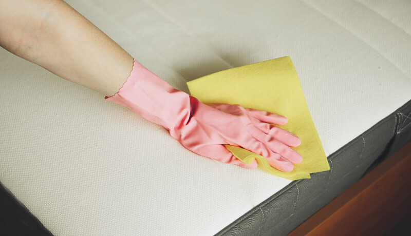 A person wearing pink protective gloves using a yellow microfiber cloth to spot-clean a white mattress, demonstrating an essential maintenance tip between professional deep cleanings.