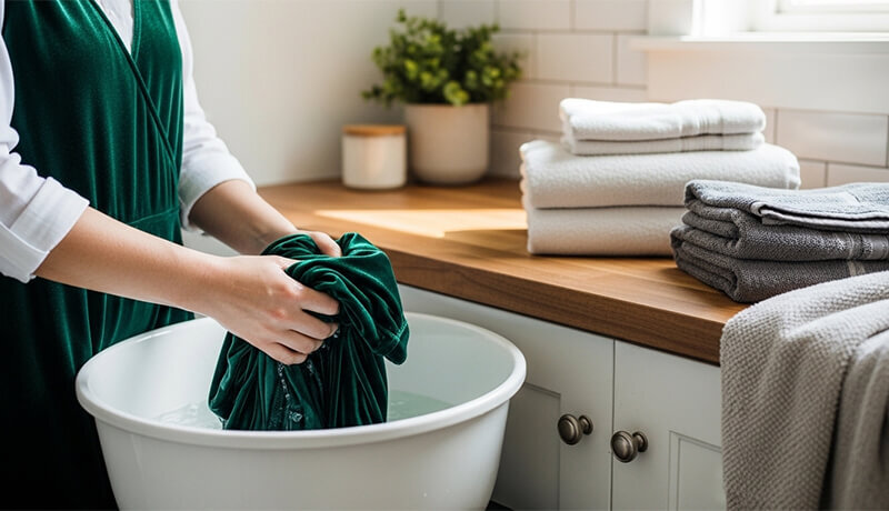 A person hand-washing a dark green velvet garment in a white basin, demonstrating the careful technique required for home velvet maintenance.