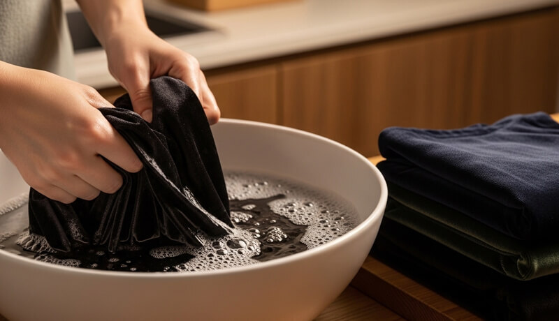 A close-up showing the gentle hand-washing of black velvet in a soapy basin, illustrating the careful technique needed to avoid common machine-washing mistakes.