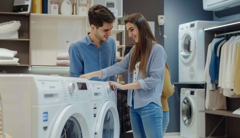 A young woman holding a green laundry basket in front of industrial-grade washing machines and organized garment storage, illustrating the transition from household chores to professional facility care.